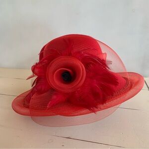 Elegant Red Bowler Hat 100% Wool Feathered Embellished Dress Hat